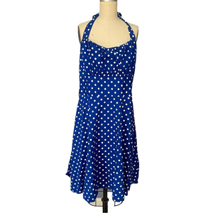 Blue Polka Dot Halter Fit & Flare Midi Dress | Sz 2X Vintage